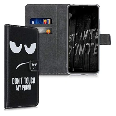 Abbildung von kwmobile Wallet Case kompatibel mit Xiaomi Redmi 9A / 9AT Hülle Cover Ständer und Kartenfächern Don&#039;t Touch My Phone Weiß Schwarz