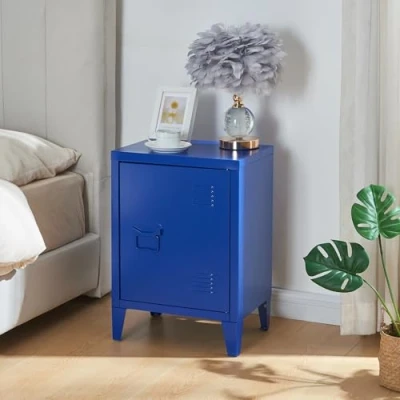 Abbildung von [en.casa] Nachttisch Inari Nachtschrank Blau Nachtkästchen mit Einer Schranktür Sofatisch Türgriff Links Metall Nachtkommode 57 x 40 30 cm Büroschrank