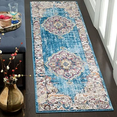 Abbildung von SAFAVIEH Traditionell Teppich für Wohnzimmer, Esszimmer, Schlafzimmer Bristol Collection, Kurzer Flor, Blau und Hellgrau, 69 X 244 cm