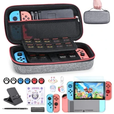 Abbildung von Switch Tasche für NS innoAura 18 in 1 Zubehör mit Hülle, Spiele Aufbewahrung, Schutzfolie, Ständer, Joystick Kappen (Grau)