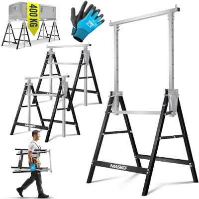 Abbildung von MASKO® Teleskop Arbeitsbock Untergestell 2 er Set Klappbock max. Belastbarkeit 200 kg Unterstellbock höhenverstellbar Min. / Arbeitshöhe 800 1300 mm Gerüstbock inkl. Handschuhe Schwarz