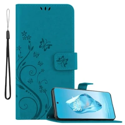 Abbildung von Cadorabo Hülle kompatibel mit OnePlus 12R in FLORAL BLAU Schutzhülle im Blumen Design Magnetverschluss, Standfunktion und Kartenfächern