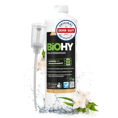Abbildung von BiOHY Spezial Polsterreiniger (1l Flasche) + Dosierer Konzentrat für Sofas, Polstermöbel, Teppiche &amp; Textilien Nasssauger Waschsauger Fleckentferner effektiver Textilerfrischer