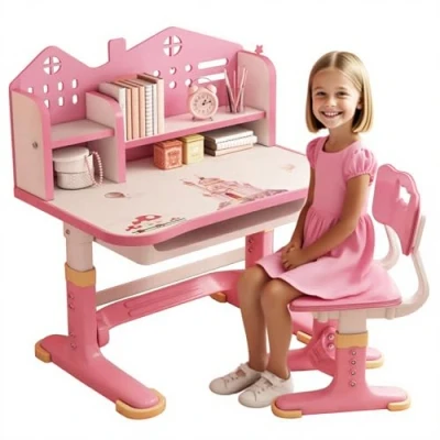 Abbildung von Tuelaly Kinderschreibtisch und Stuhl Set, höhenverstellbare Kinderschreibtische mit geräumiger Schublade, goldener Abstand zur Vermeidung von Kurzsichtigkeit, Design Schreibtisch für Kinder