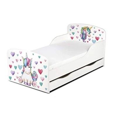 Abbildung von Leomark Einzelbett aus Holz Einhorn Kinderbett mit Schubladen für Bettwäsche, Stauraum, Holzbett Matratze + Lattenrost, Komplett Set, Liegefläche 70/140 cm, UV Druck
