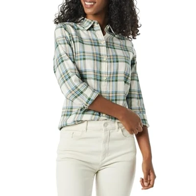 Abbildung von Amazon Essentials Damen Leichtes, Langärmeliges, Kariertes Flanellhemd, Klassischer Schnitt, Elfenbein Grün Alpenplaid, S