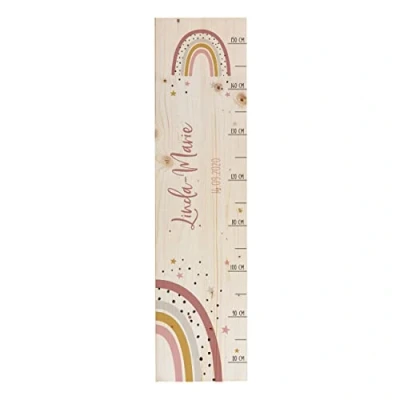 Abbildung von Striefchen® Messlatte für Kinder mit Namen aus Holz Kinderzimmer niedlichen Motiven Messleiste Regenbogen Rosa