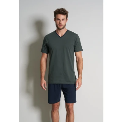 Abbildung von TOM Tailor Shorty Vneck SET Pyjama, Herren, Größe: XXL, Grün dunkel ringel