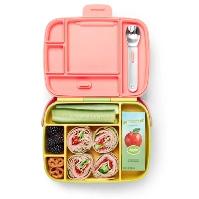 Abbildung von Munchkin Brotdose für Babys und Kleinkinder, mit 5 Fächern, Lunchbox/Jausenbox rostfreiem Edelstahlbesteck, ideal Snacks zuhause oder unterwegs, BPA frei Gelb/Rosa
