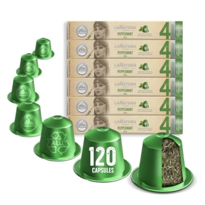 Abbildung von La Natura Lifestyle 120 x Pfefferminztee in Aluminiumkapseln, kompatibel mit Nespresso®3 Kapselmaschinen, 100% Recyclebar, erlesener und naturbelassener Pfefferminztee, erfrischender Geschmack