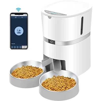 Abbildung von WellToBe Smart Futterautomat Katze &amp; Hund, WiFi Automatischer Futterspender für 2 Katze, Pet Feeder mit Timer, Ton Aufnahmefunktion, App Steuerung, Portion zu 6 Mahlzeiten am Tag (Weiß)