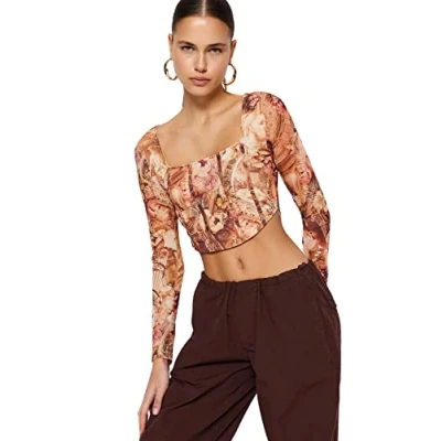 Abbildung von Trendyol Damen Gedruckt Lange Ärmel Schlank die Bluse Blouse Classic, Orange, XS