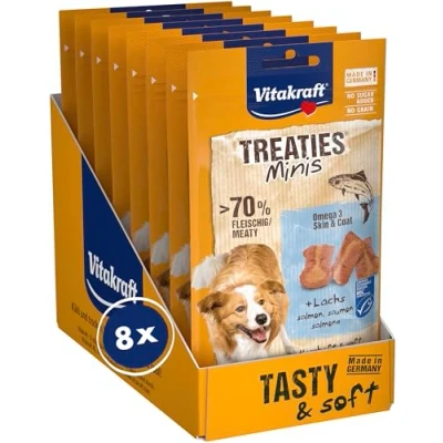 Abbildung von Vitakraft Treaties Minis, Hundeleckerli, mit Lachs, Omega, zum Training, zur Belohnung, in Vorratsgröße (8x 48g)