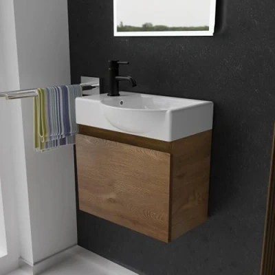 Abbildung von Alpenberger Badmöbel Set Gäste WC Waschbecken mit Unterschrank 45 cm Breit, (Badschrank 2 tlg., Waschtisch hängend), Waschbeckenunterschrank Softclose Farbe Eiche Rechts Becken
