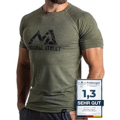 Abbildung von Herren Fitness T Shirt meliert Männer Kurzarm für Gym &amp; Training Passform Slim Fit, lang mit Rundhals, Olive, XXL