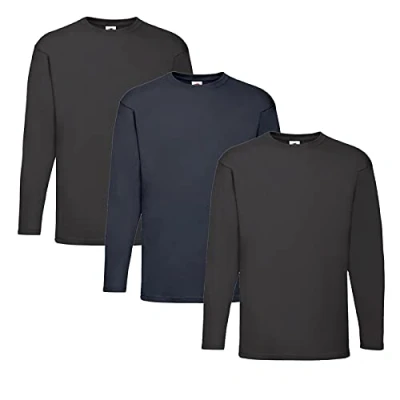 Abbildung von Fruit of the Loom Valueweight Langarm T Shirt für Herren, 2 x Schwarz + 1 Dunkelblau Hlkauf Notizblock, M