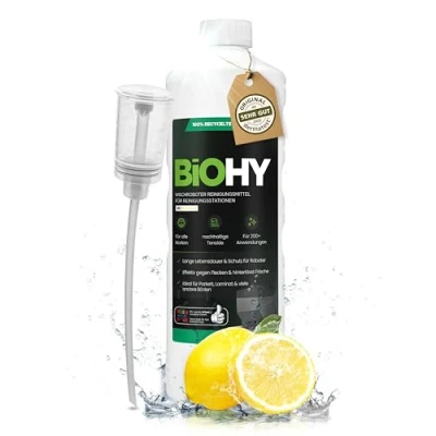 Abbildung von BiOHY Wischroboter Reinigungsmittel für Reinigungsstationen mit Frischeduft (1l Flasche) + Dosierer Verlängert die Lebensdauer der Absaugstation Schaumarmes Bodenreiniger Konzentrat