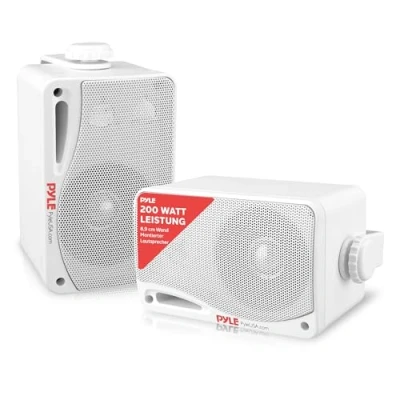 Abbildung von Pyle Wasserdichter kabelloser Bluetooth Lautsprecher für Außenbereich, 8,9 cm (3,5 Zoll) Paar, 3 Wege, aktiv, passiv, wetterfest, Deckenhalterung, Doppel Lautsprechersystem mit robustem Grill, weiß