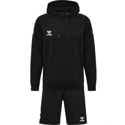 Abbildung von hummel Mover Cotton Hoodie Set Unisex Kapuzenpullover mit Vordertasche und shorts Kordelzug, angenehme Baumwolle Qualität, Casual Training &amp; Sportbekleidung, Schwarz (1er Pack)