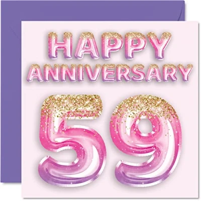 Abbildung von Hübsche Karte zum 59. Jahrestag für Ehefrau, Freundin, Ehemann, Freund, rosa lila Glitzer Luftballons Happy 59 Jahrestagskarten aus der Familie, 145 mm x Grußkarten fünfzig Jubiläen
