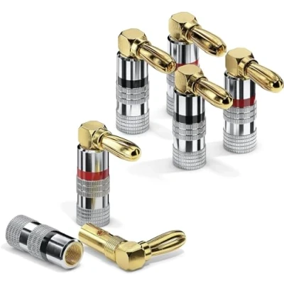 Abbildung von ETEC Bananenstecker, passend für Lautsprecherkabel bis 6mm² Querschnitt, 90 gewinkelt mit Farbcodierung (2x rot, 2x schwarz), 4er Set, 24k vergoldet
