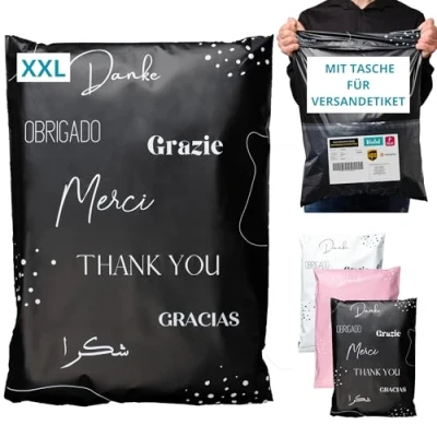Abbildung von EMBALLAX 20 Versandtaschen MIT TASCHE FÜR VERSANDETIKETT XXL 60x45cm WIDERSTANDSFÄHIG/WASSERDICHT Versandtüten für Kleidung Warensendung Umschlag Kartons Versandbeutel Danke