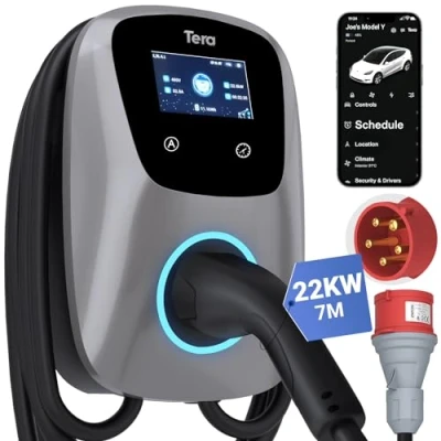 Abbildung von Tera EV Ladegerät Smart App mit 16 32A Typ 2 22kW oder 11kW Heim Ladestation 400V CE &amp; TÜV Wallbox 7m Ladekabel Ladegerätehalter Steuerung CEE 3 Phasen Stecker W01, Silber