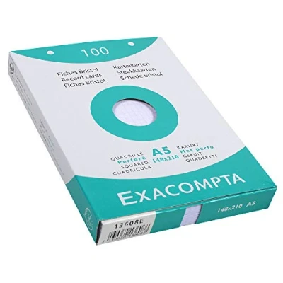 Abbildung von Exacompta 13608E 100er Pack Karteikarten kariert DIN A5 in Kartonschachtel 14,8 x 21 cm gelocht ideal für die Schule und Universität zum Lernen weiß