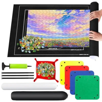 Abbildung von RISVOWO Puzzlematte, Puzzle Roll Storage Mat für Bis 1500 2000 3000 Puzzle, Tragbare Rollenmatte mit Sortierschale, Puzzleunterlage Auf 80 * 120 cm Aufbewahrung(Schwarz)