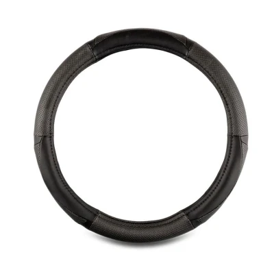 Abbildung von +PWR Car Parts Lenkradbezug aus schwarzem Futterleder Universal für Lenkräder von Personenkraftwagen 37 bis 39 cm. rutschfest. Hergestellt hochwertigem Leder + Gummi.