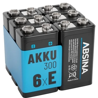 Abbildung von ABSINA 6X 9V Akku Block wiederaufladbar 300 mit geringer Selbstentladung Blockbatterie NiMH min. 270mAh &amp; 8,4V E Batterie, wiederaufladbar, Batterie