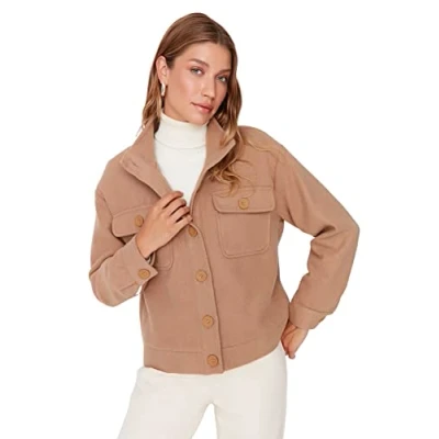 Abbildung von Trendyol Damen Regular Zweireihig Plain Webstoff Mantel Coat, Beige, 34 EU