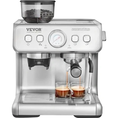 Abbildung von VEVOR Espressomaschine mit Mahlwerk, 15 Bar Halbautomatische Milchaufschäumer, Dampfdüse, Abnehmbarem Wassertank und Druckmesser für Cappuccino, Latte, Machiato
