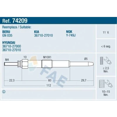 Abbildung von FAE 74209 Glühkerze 11V M 10x1 HYUNDAI: Getz, Santa Fe 2, I, KIA: cee‘d I Kombi