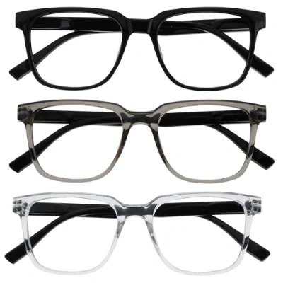 Abbildung von OPULIZE LEO Lesebrille 3er Pack Großes Rechteckiges Gestell Schwarz, Grau, Klar Herren Damen Federscharniere RRR55 17C +1.50