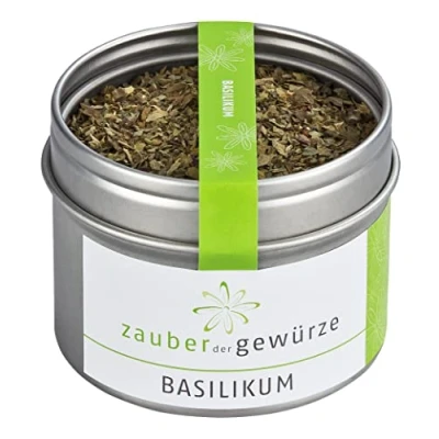 Abbildung von Zauber der Gewürze Basilikum, schonend getrocknet und gerebelt beste Qualität, besonders aromatisch, in wiederverschließbarer Aroma Dose, 15 g