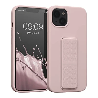 Abbildung von kwmobile Handyhülle kompatibel mit Apple iPhone 13 Hülle Fingerhalter und Standfunktion Silikon Case Handy Cover in Altrosa