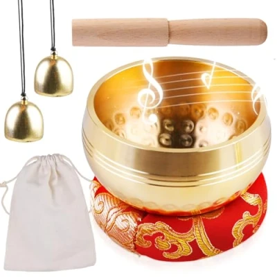 Abbildung von Tibetische Klangschale Set Handarbeit Heilung Meditation Yoga Klang Schüssel Singing Bowl Klein aus Nepal mit Holz Klöppel, Klangschalenkissen, Messingglocke für Frauen Männer, 8 CM
