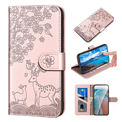 Abbildung von Bartern Schutzhülle für Apple iPhone SE 2020/SE 2022, Klappe, 7/8, Wapiti (Hirsch) und Blumen, Klappetui, mit Standfunktion Kartenfächern, PU Leder, Brieftasche, Flip Cover,