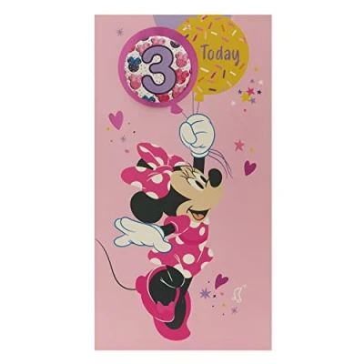 Abbildung von UK Greetings Disney Geburtstagskarte zum 3. Geburtstag für sie/Mädchen, mit Umschlag Abzeichen Design Minnie Maus, 121 mm x 229
