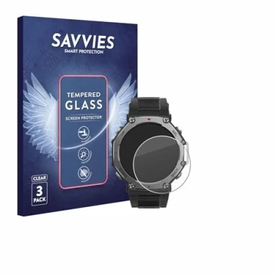 Abbildung von Savvies Panzer Schutz Glas für Huami Amazfit T Rex 3 (3 Stück) 9H Hartglas, Anti Fingerprint, Displayschutz
