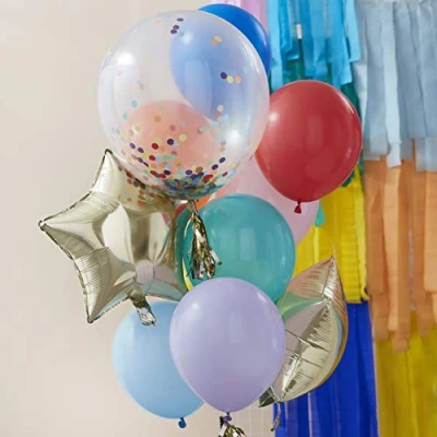 Abbildung von Ginger Ray Ballon mit leuchtendem Regenbogen, Goldfolien Sternenballon und durchsichtigem Konfetti, Geburtstagsparty Dekoration, Balloncluster, 11 Stück
