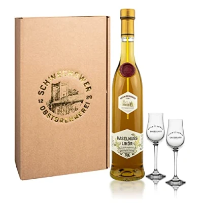 Abbildung von Schwechower Likör Haselnuss 0,5l + 2 Bouquetgläser Geschenkkarton (20% Vol.) Geschenkset, Präsent 500ml