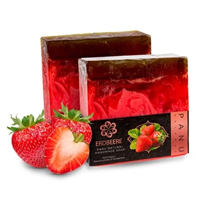 Abbildung von Panu Seifen Erdbeer Vegane Duschseife für alle Hauttypen Naturseife als festes Duschgel und Shampoo Premium Soap Bar Natürlicher Duschbrocken