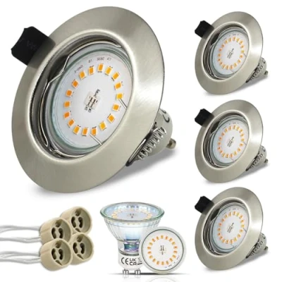 Abbildung von HiBay 4er LED Einbaustrahler Spots 230V Set GU10 Lampen 5W Warmweiß Einbauleuchten Edelstahl gebürstet Einbauspot Rund + Fassung