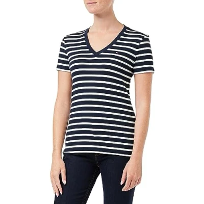 Abbildung von Tommy Hilfiger Damen T Shirt Kurzarm Slim Cody Rib V Ausschnitt, Mehrfarbig (Breton Desert Sky/Ecru), XXS