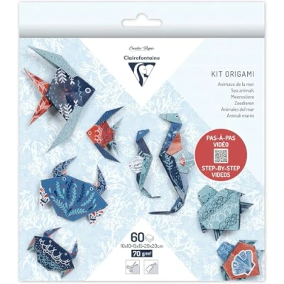 Abbildung von Clairefontaine 95367C Packung Origami Papier mit 60 Blatt, beidseitig bedruckt, 3 Formate, 10x10 cm, 15x15 20x20 70g, Meerestiere, 1 Pack
