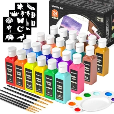 Abbildung von Shuttle Art 24 textilfarben waschmaschinenfest, Stoffmalfarben waschfest Kinder in Flaschen (je 60 ml) mit Pinseln, Vorlagen, wasserfeste Stofffarben für Erwachsene, auf T Shirt, Schuhe, Jeans