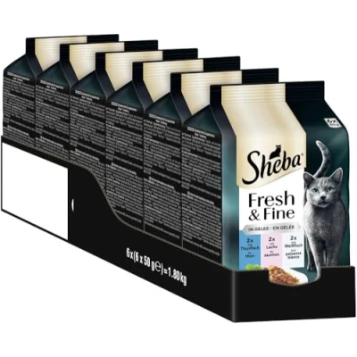 Abbildung von SHEBA Portionsbeutel Katzennassfutter Multipack Fresh &amp; Fine in Gelee mit Thunfisch und Lachs MSC, 6x6x50g Gesunde Mahlzeiten für Katzen