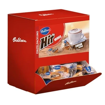 Abbildung von BAHLSEN Hit Minis 975 g Thekenaufsteller mit ca. 150 Portionspackungen, Mini Doppelkekse leckerer Kakaocremefüllung, ideal zum Kaffee, Schokokeks